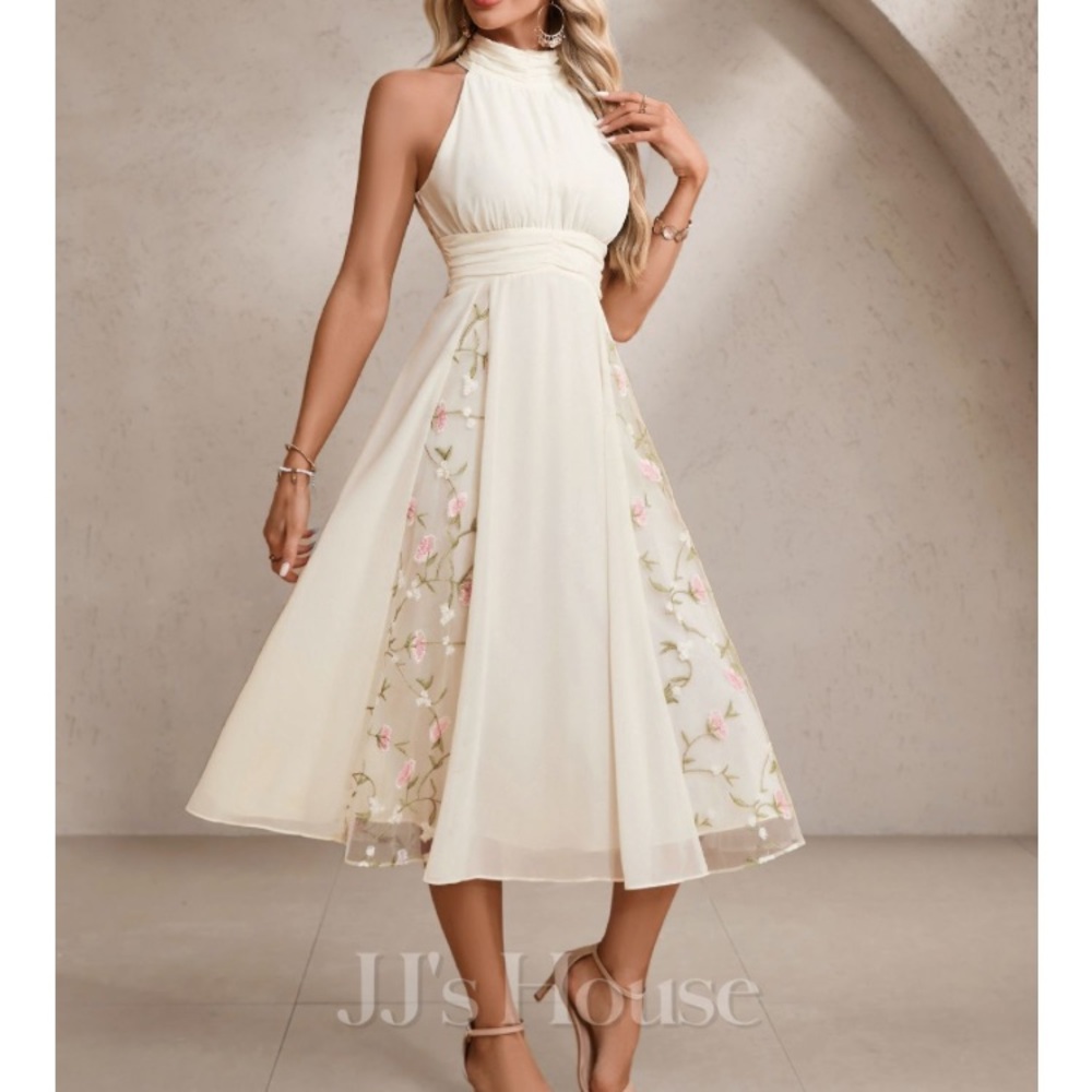 JJs House Cream and Pink Floral Midi Dress. T length